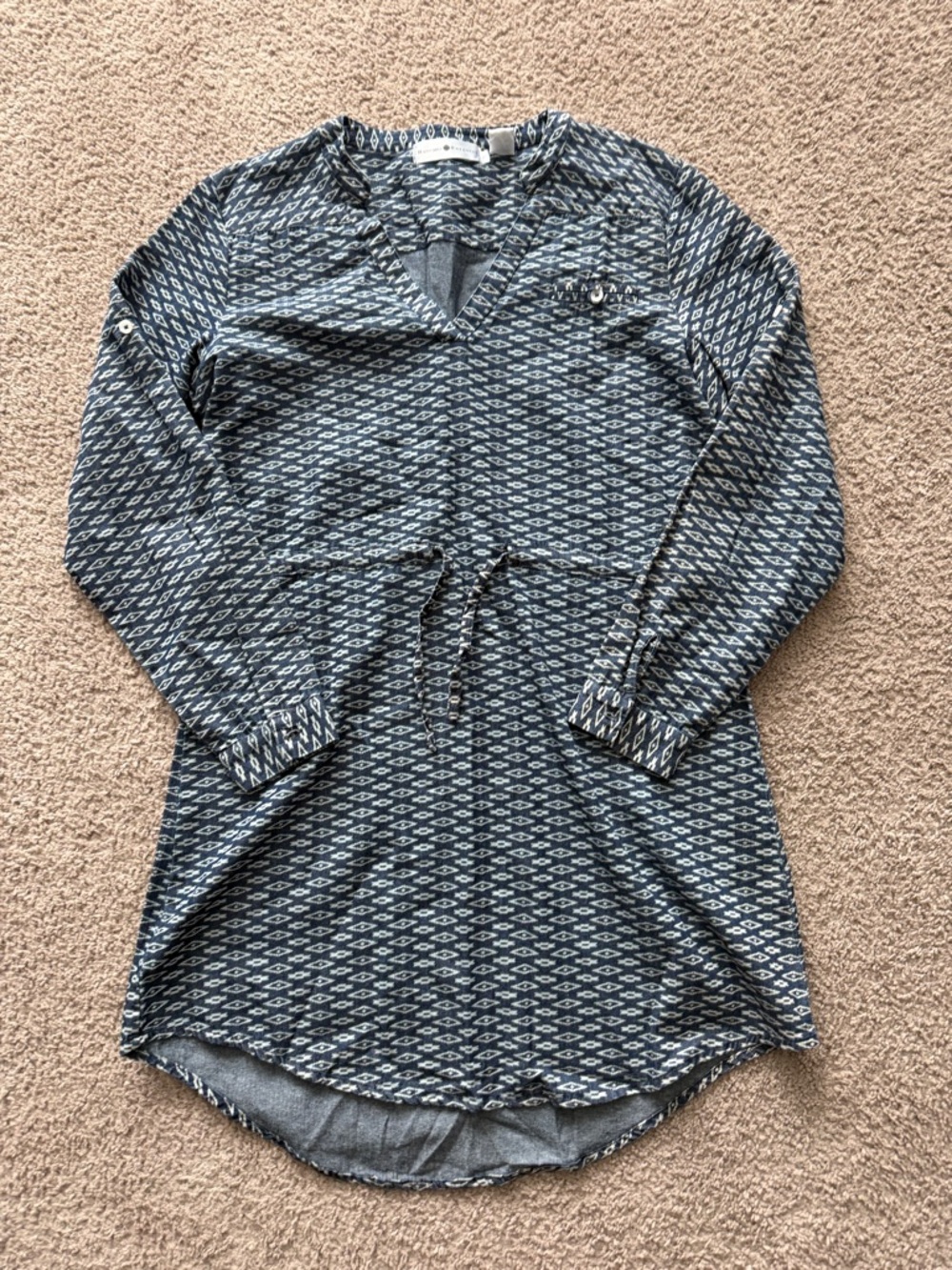 Blue Patterned V-Neck Tunic Long Top/ Dress